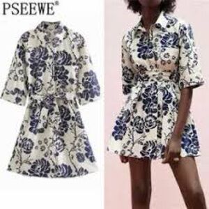 Zara White Mini Dress with Blue Floral Print